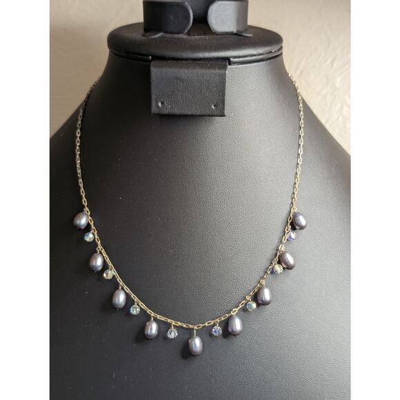 925 Sterling Silver Purple Teardrop Pearl Crystal Dangles 16.5"-18" Necklace - Picture 7 of 8